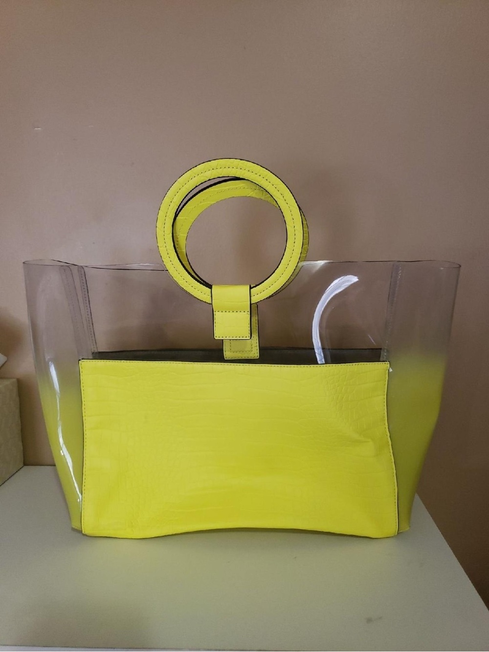 Vince Camuto Clear Tote with Bright Yellow Insert and Circular Handles